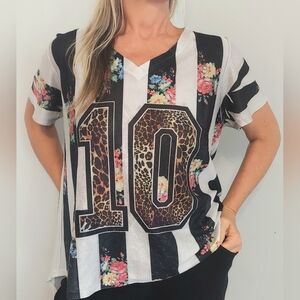 Blush Black and White Striped Floral Jersey Top